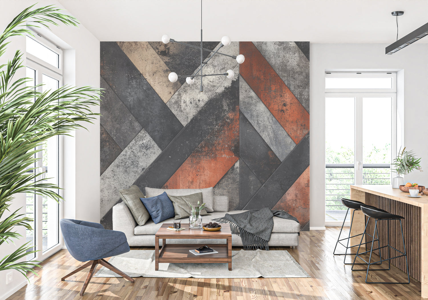Terracotta and anthracite geometric pattern in urban loft setting