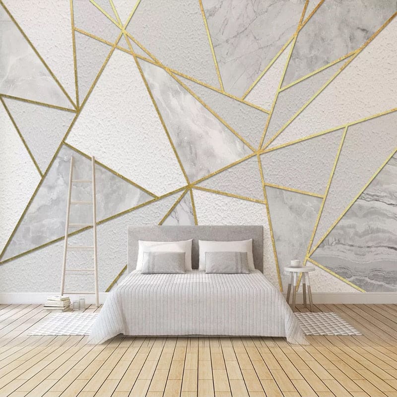 Geometric marble and gold wallpaper in modern living room creates luxury hotel atmosphere