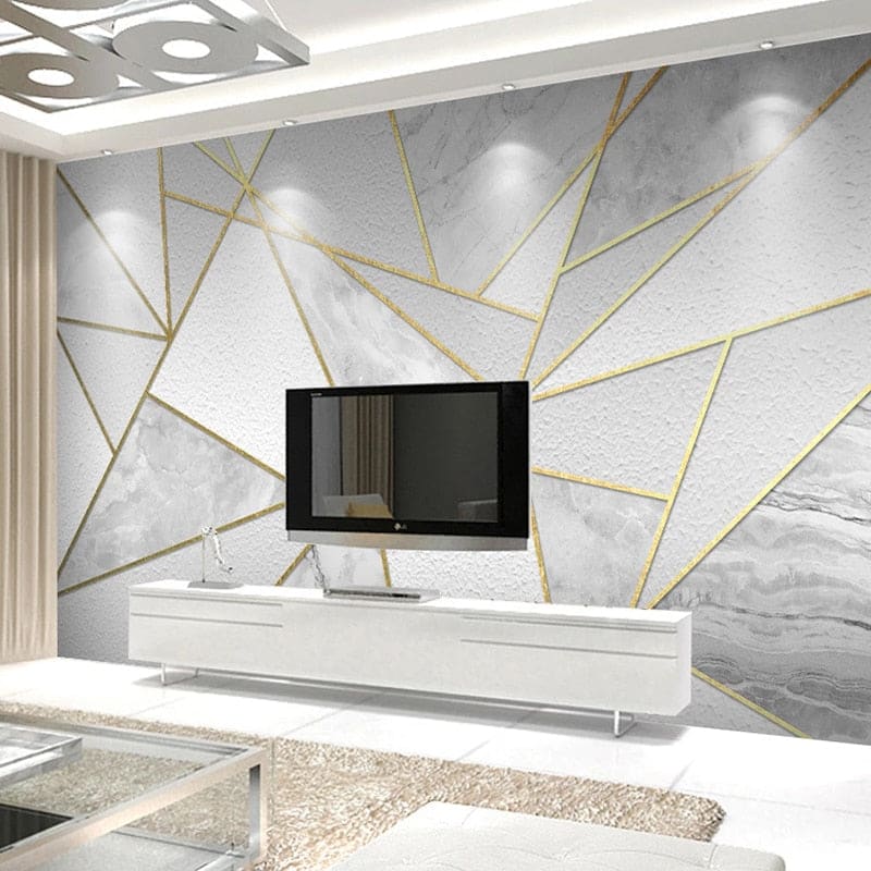 Gold geometric marble wallpaper making statement in master bedroom