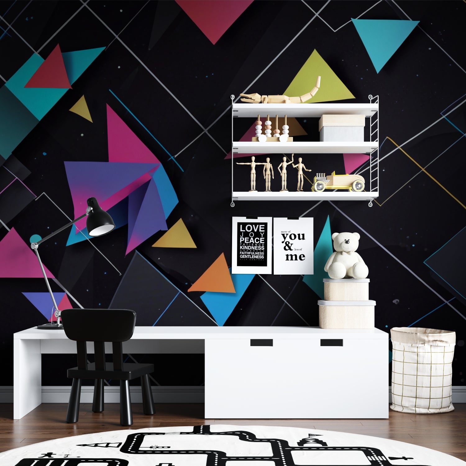 3D geometric wallpaper bringing life to home office with desk setup
