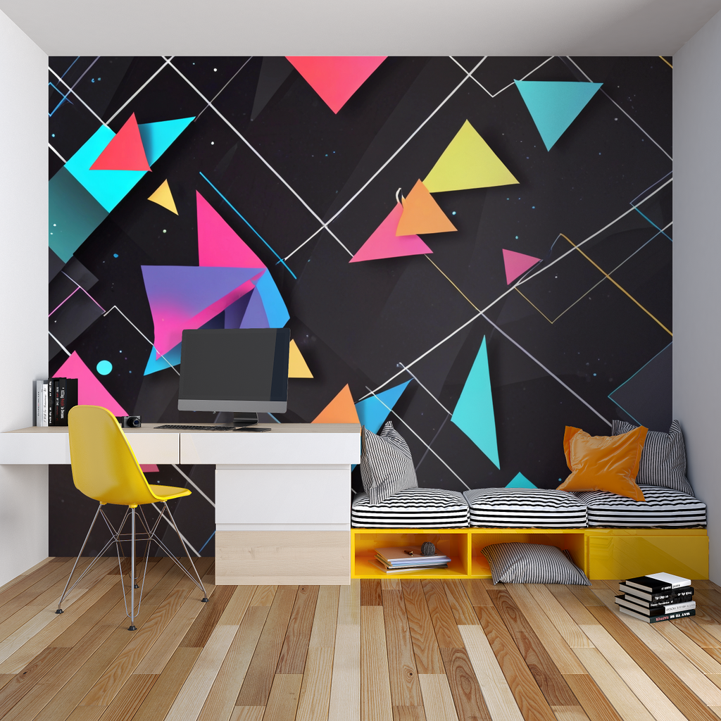 Colorful triangle pattern wallpaper in modern dining room setting