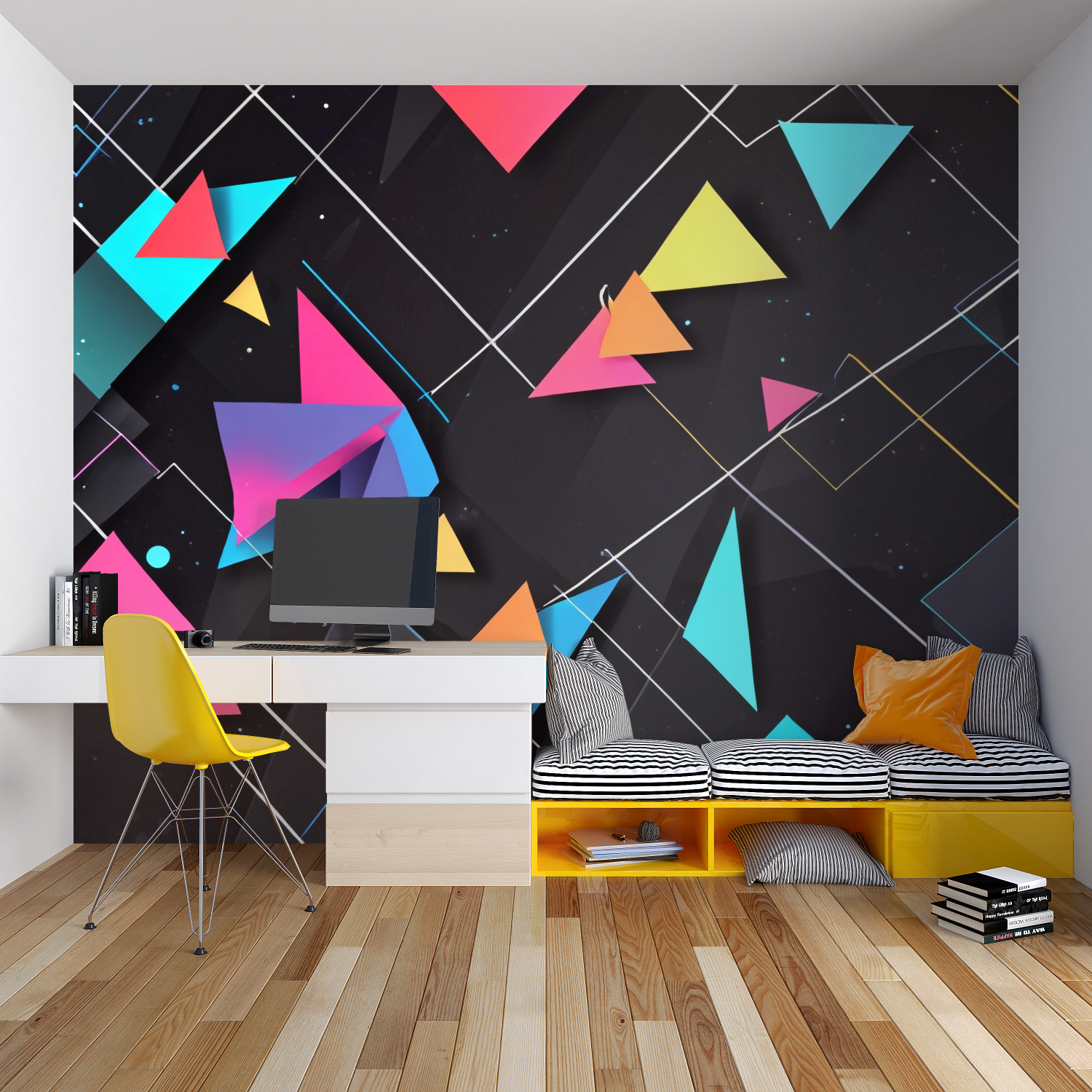 Colorful triangle pattern wallpaper in modern dining room setting