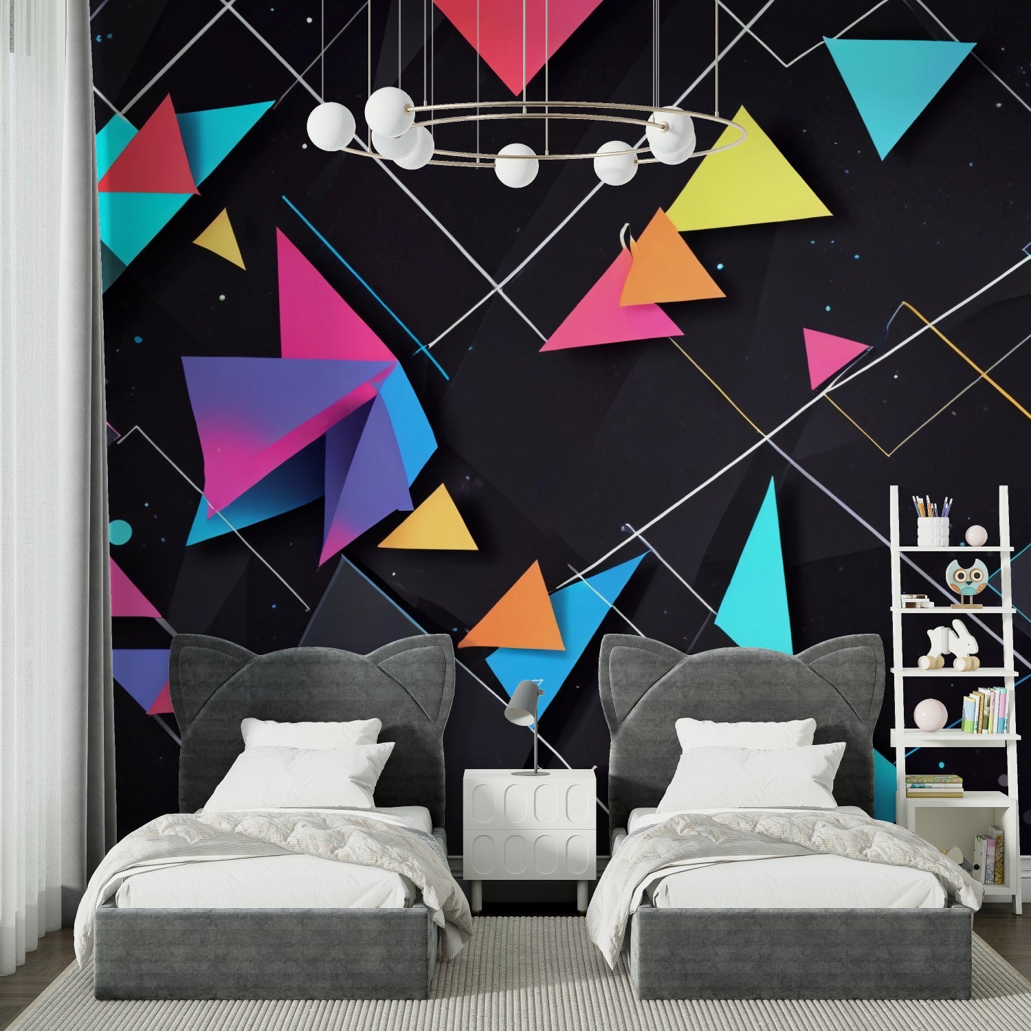 Geometric wall mural showcased in contemporary bedroom space