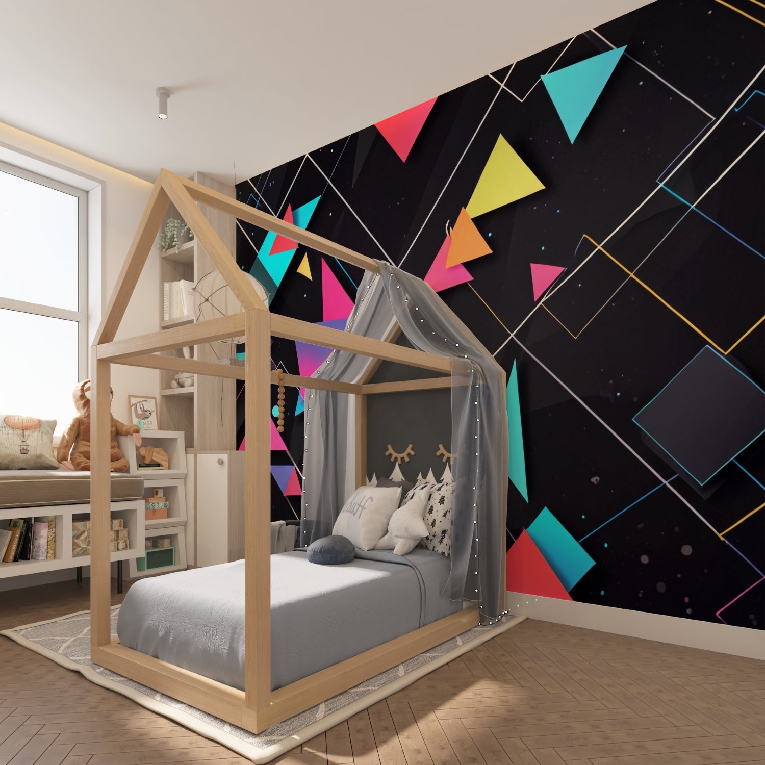 3D triangle wallpaper creating statement wall in minimalist hallway