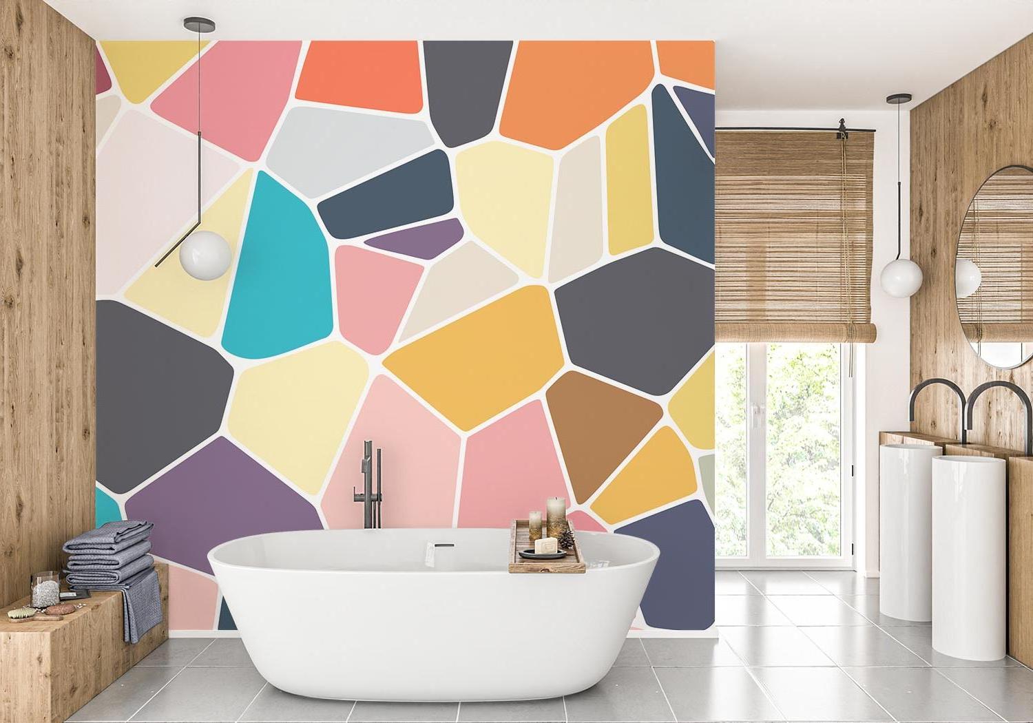 Modern Geometric Mosaic Wallpaper brightening a minimalist living room with its vibrant colors and abstract patterns