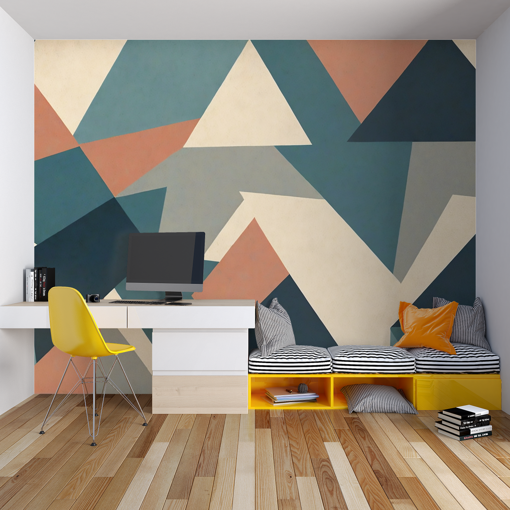 Geometric wall mural bringing dynamic energy to a contemporary home office space