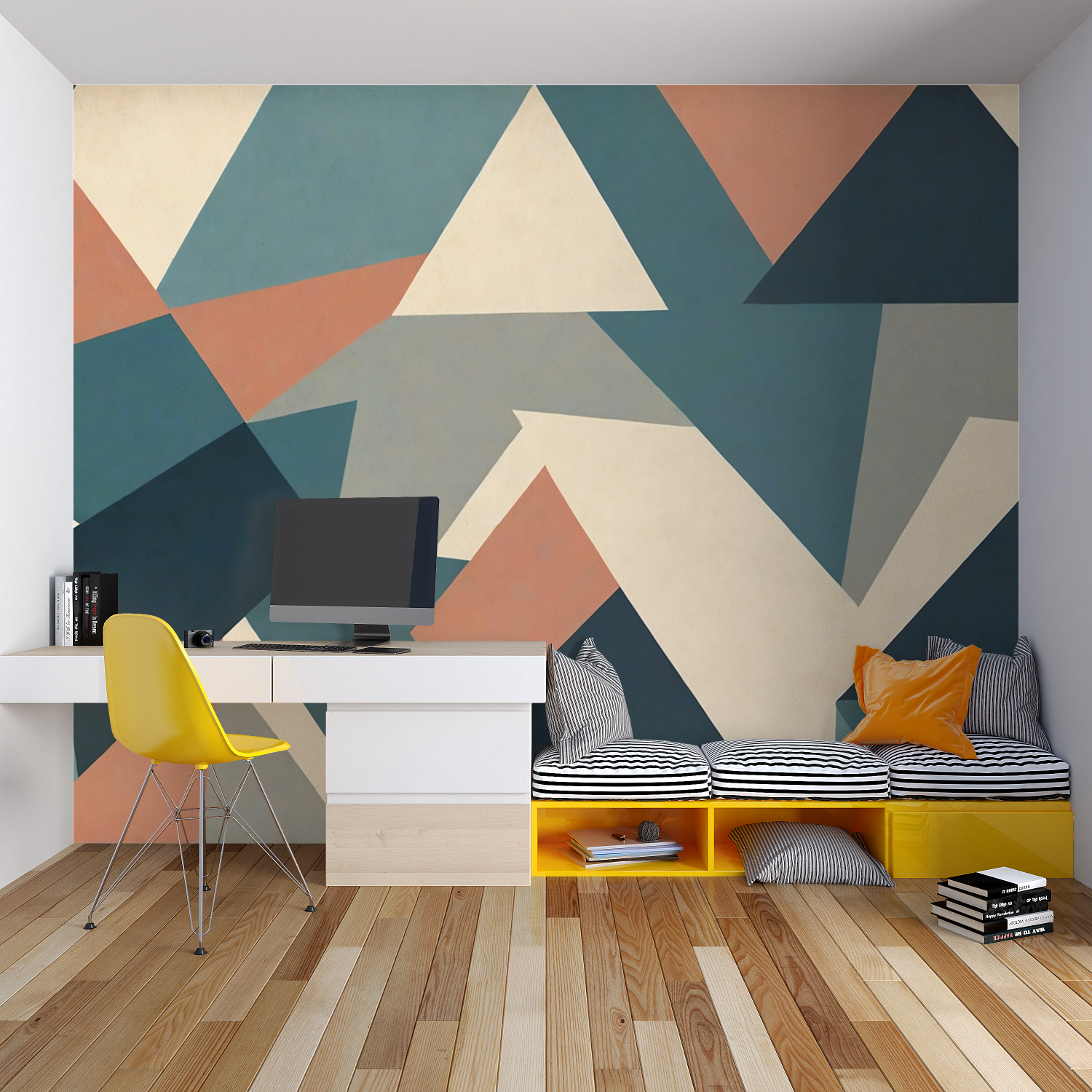 Geometric wall mural bringing dynamic energy to a contemporary home office space