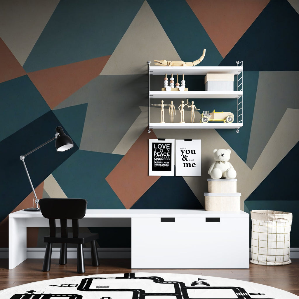 Contemporary geometric wallpaper making a statement in an urban dining room