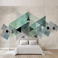Modern geometric wallpaper in a minimalist living room, mint green and grey triangles creating depth