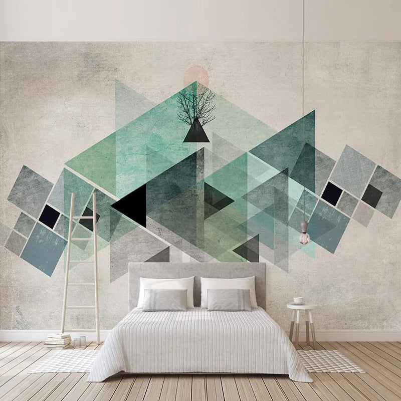 Contemporary home office featuring geometric triangle wallpaper in soothing mint tones