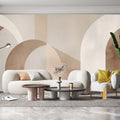 Modern geometric arch wallpaper in a bright living room, creating an elegant backdrop for minimalist furniture
