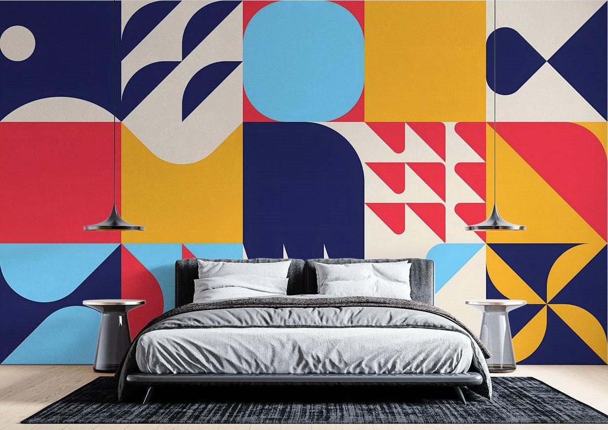 Modern Geometric Wallpaper transforms a bright living room with bold shapes and colorful art deco pattern