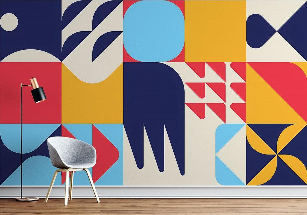 Contemporary home office featuring geometric art deco wallpaper with blue, red and yellow shapes