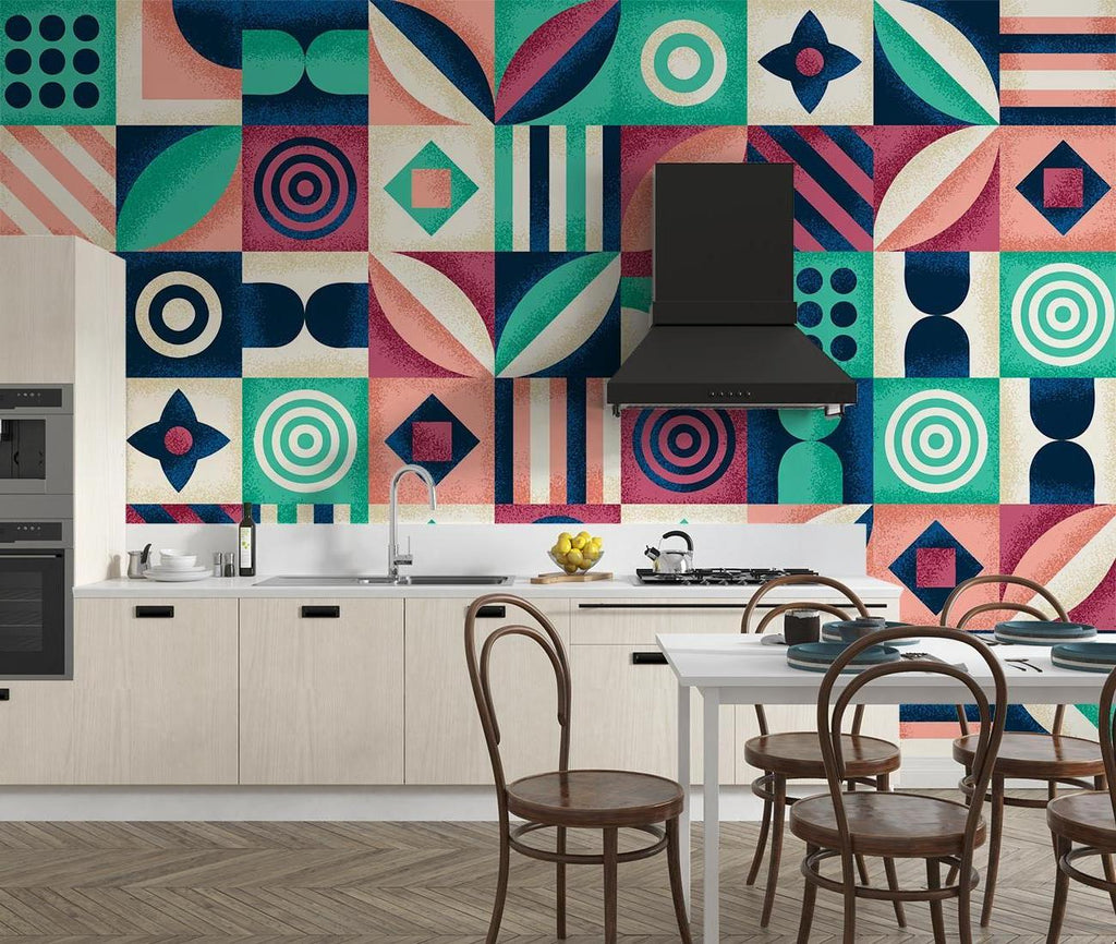 Modern geometric wallpaper with pink and green art deco pattern styled in a bright contemporary living room