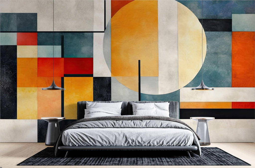 Geometric wallpaper making a bold statement in a modern living room with orange and teal art deco shapes