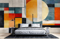 Geometric wallpaper making a bold statement in a modern living room with orange and teal art deco shapes
