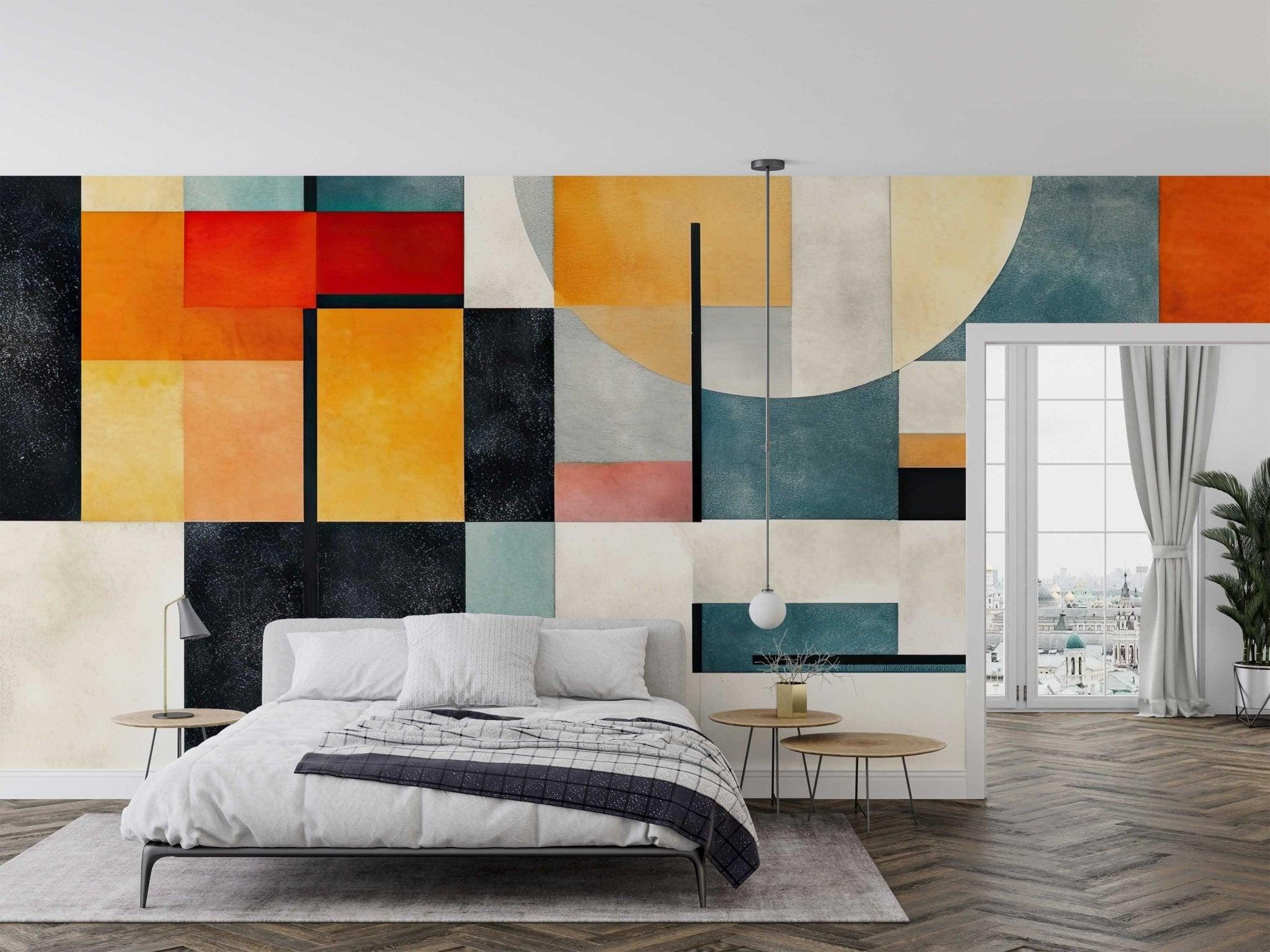 Art deco geometric pattern transforming a minimalist dining room with warm orange and teal tones