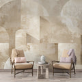 Modern geometric arch wallpaper creating depth in a bright living room with minimal furniture