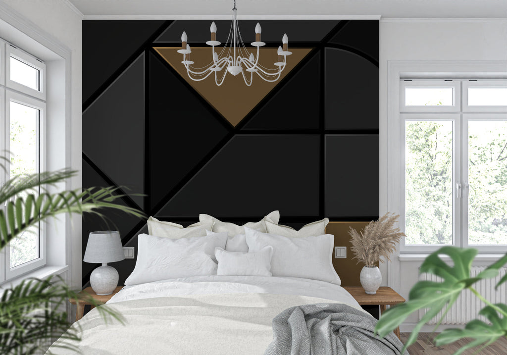 Black and gold geometric pattern adding luxury to a modern home office