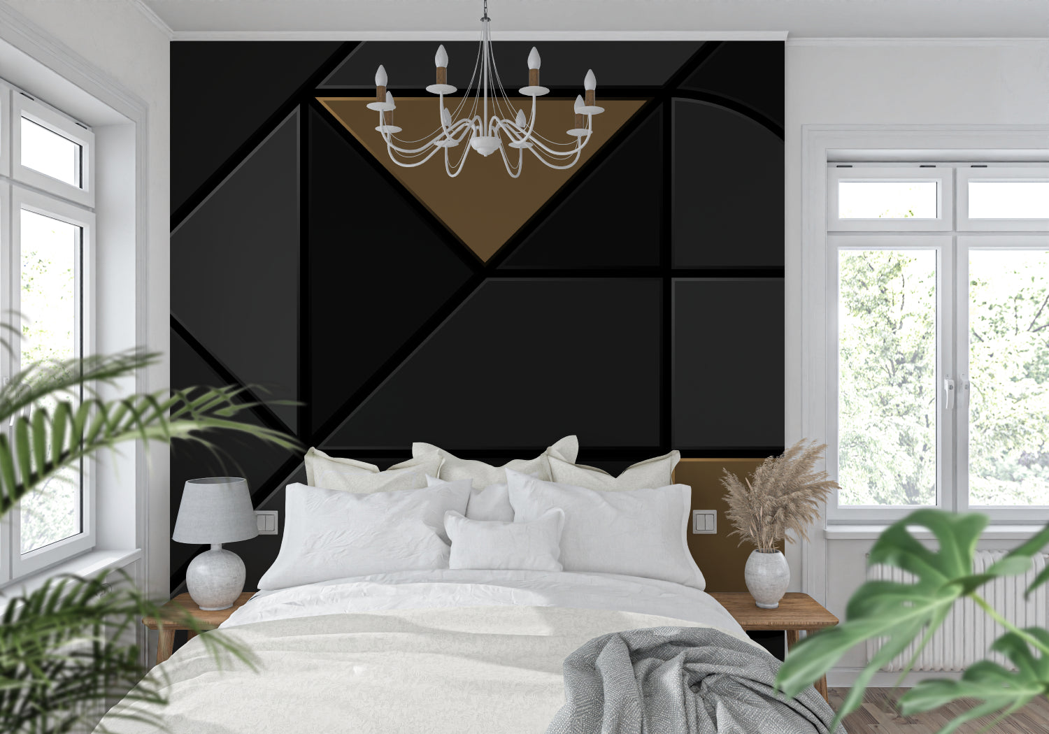 Black and gold geometric pattern adding luxury to a modern home office