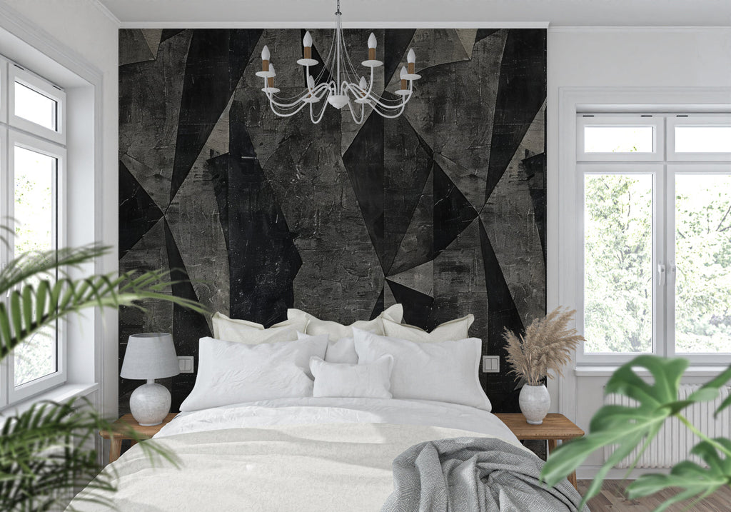 Contemporary home office featuring black and grey geometric wall mural with desk setup