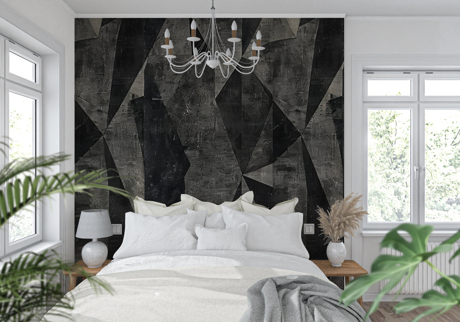 Contemporary home office featuring black and grey geometric wall mural with desk setup