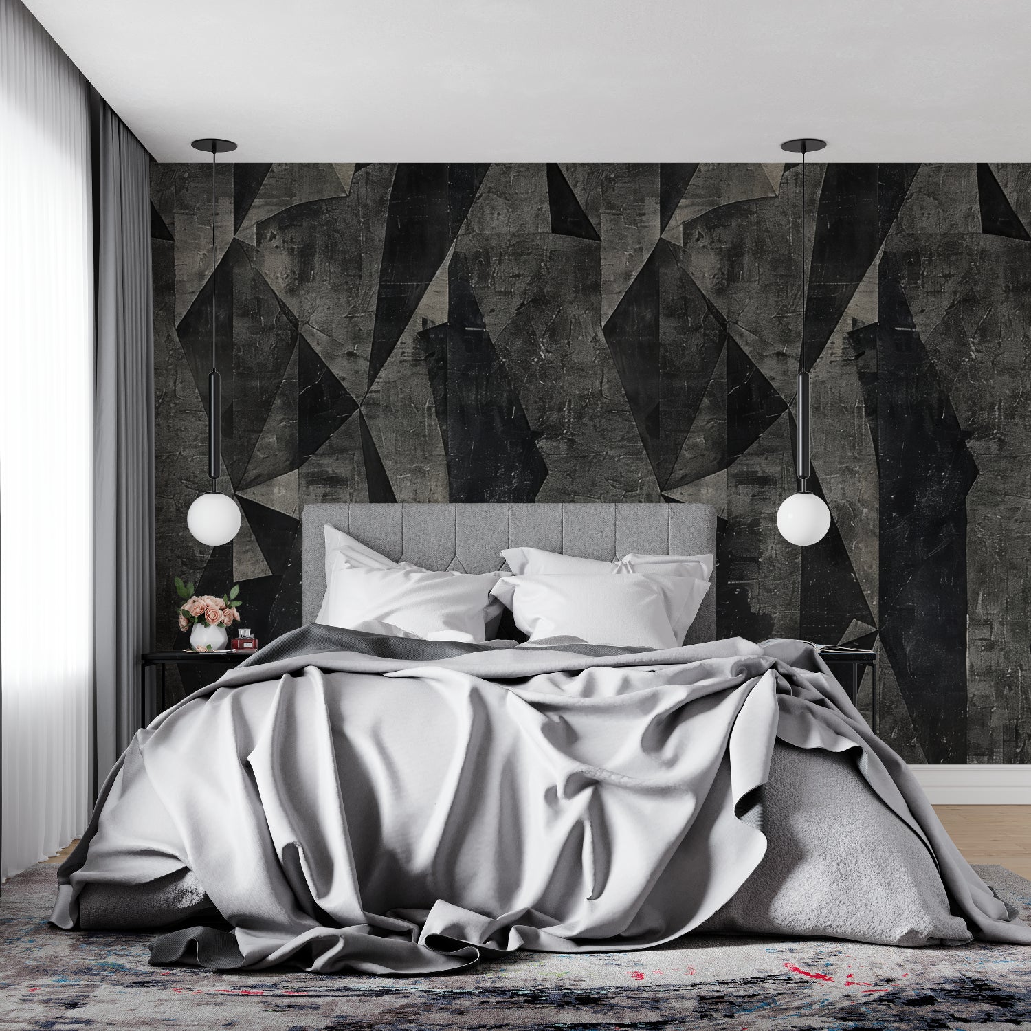 Geometric wall design in modern dining room with pendant lighting