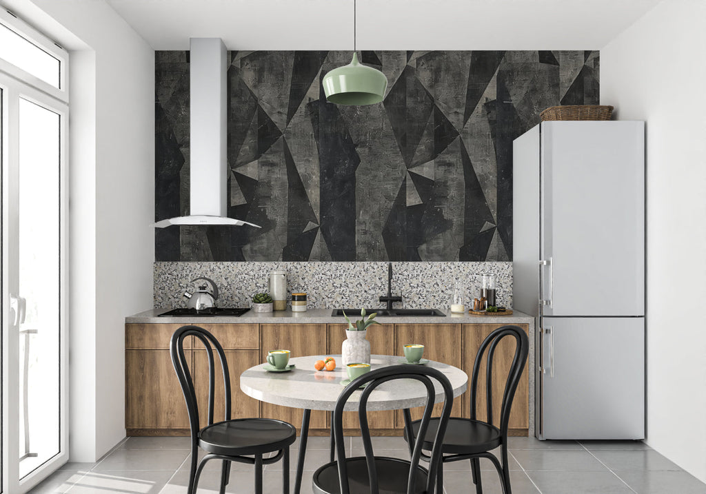 Angular geometric pattern wallpaper in master bedroom with modern furniture