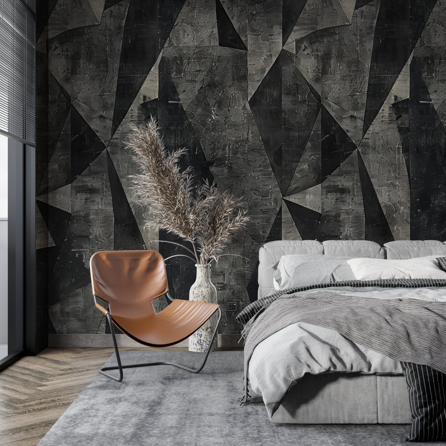 Black and grey geometric mural in contemporary hallway space