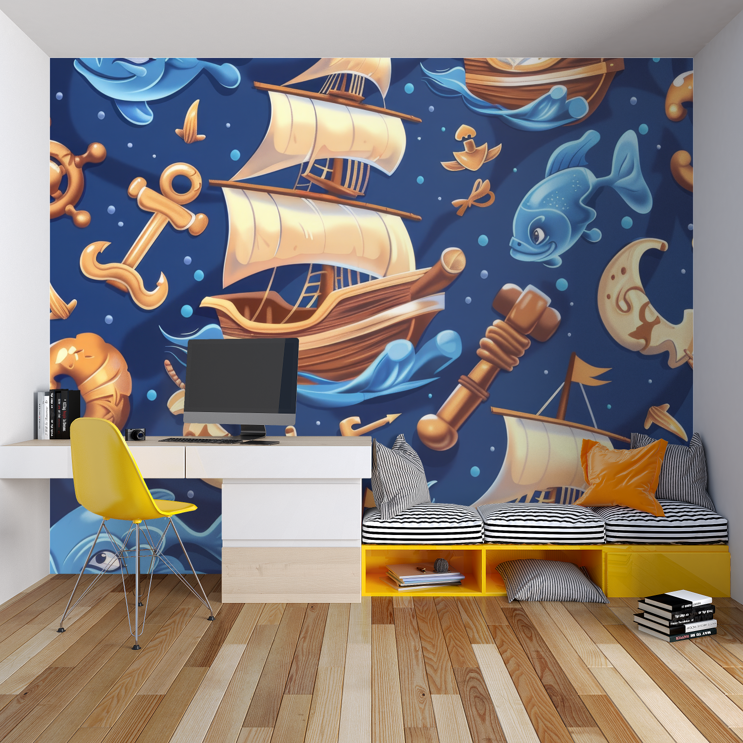 Abstract geometric wallpaper showcased in a contemporary dining room