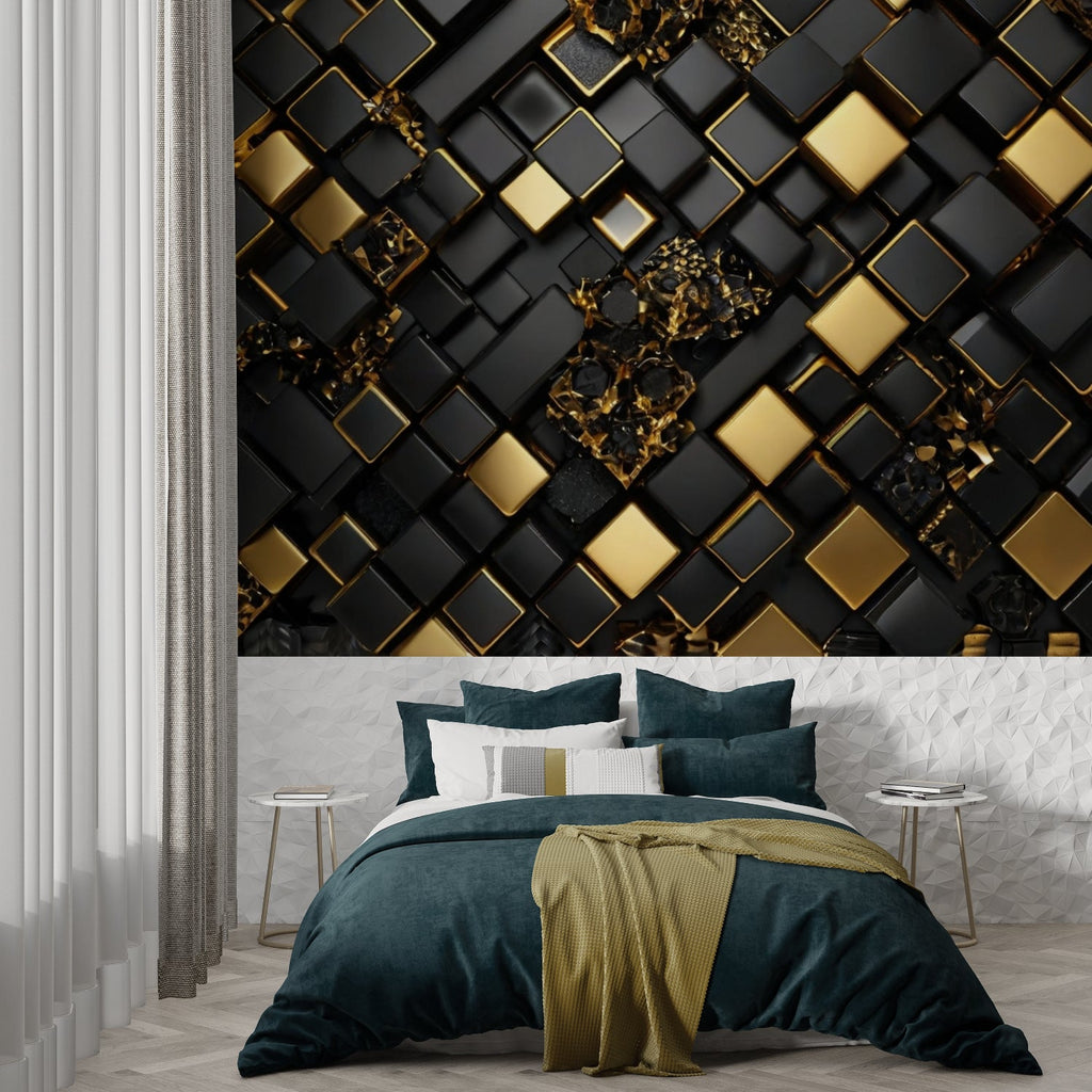 Modern black and white geometric wallpaper in a minimalist living room creating depth and visual interest