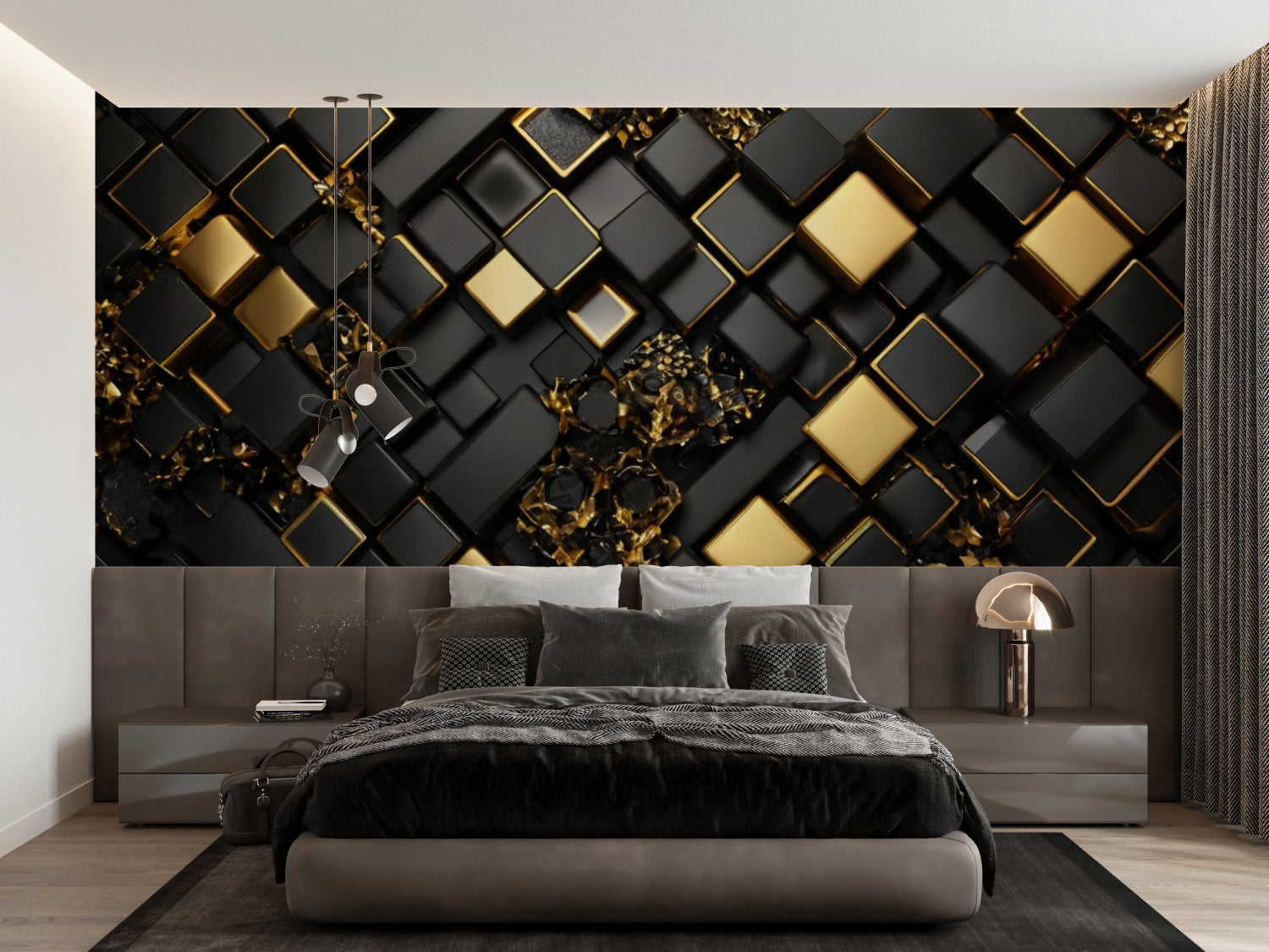 Geometric black and white wallpaper making a bold statement in a modern dining room