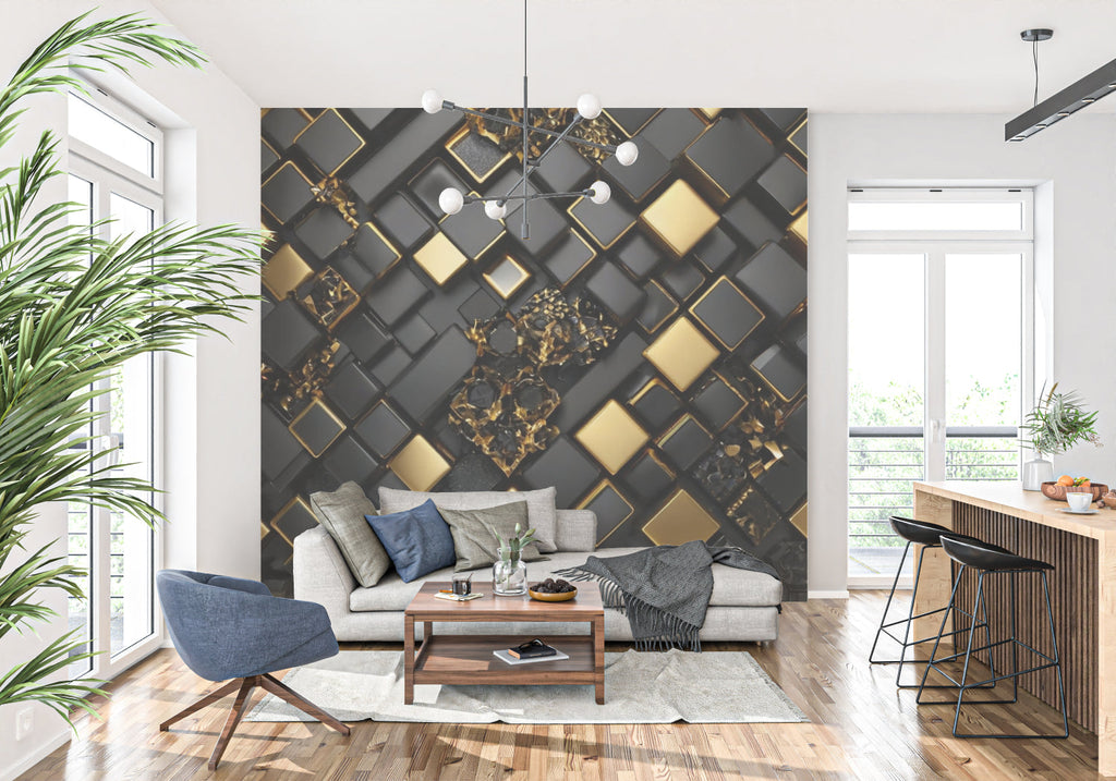 Black and white diamond pattern mural creating an optical effect in a hallway