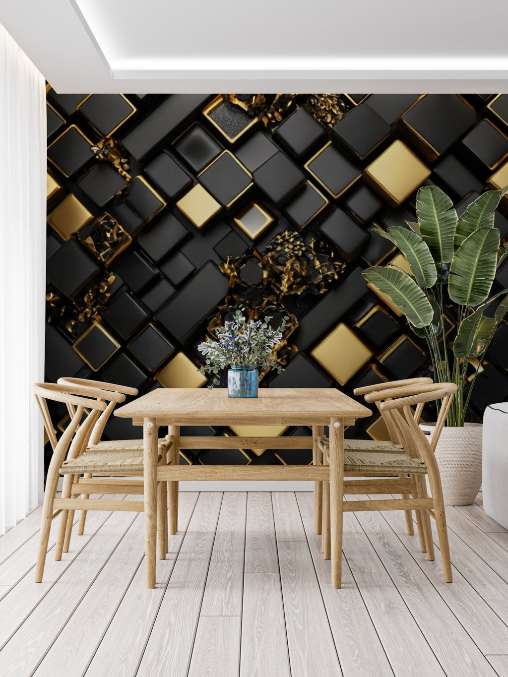 Modern geometric wallpaper transforming a bedroom with clean lines and patterns