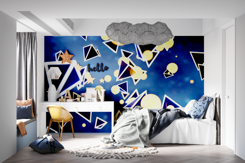 Modern geometric wallpaper in blue and gold creating depth in a minimalist living room