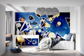 Modern geometric wallpaper in blue and gold creating depth in a minimalist living room