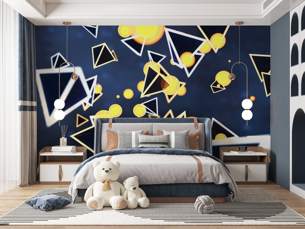 Blue and gold geometric wall mural brightening a modern home office space