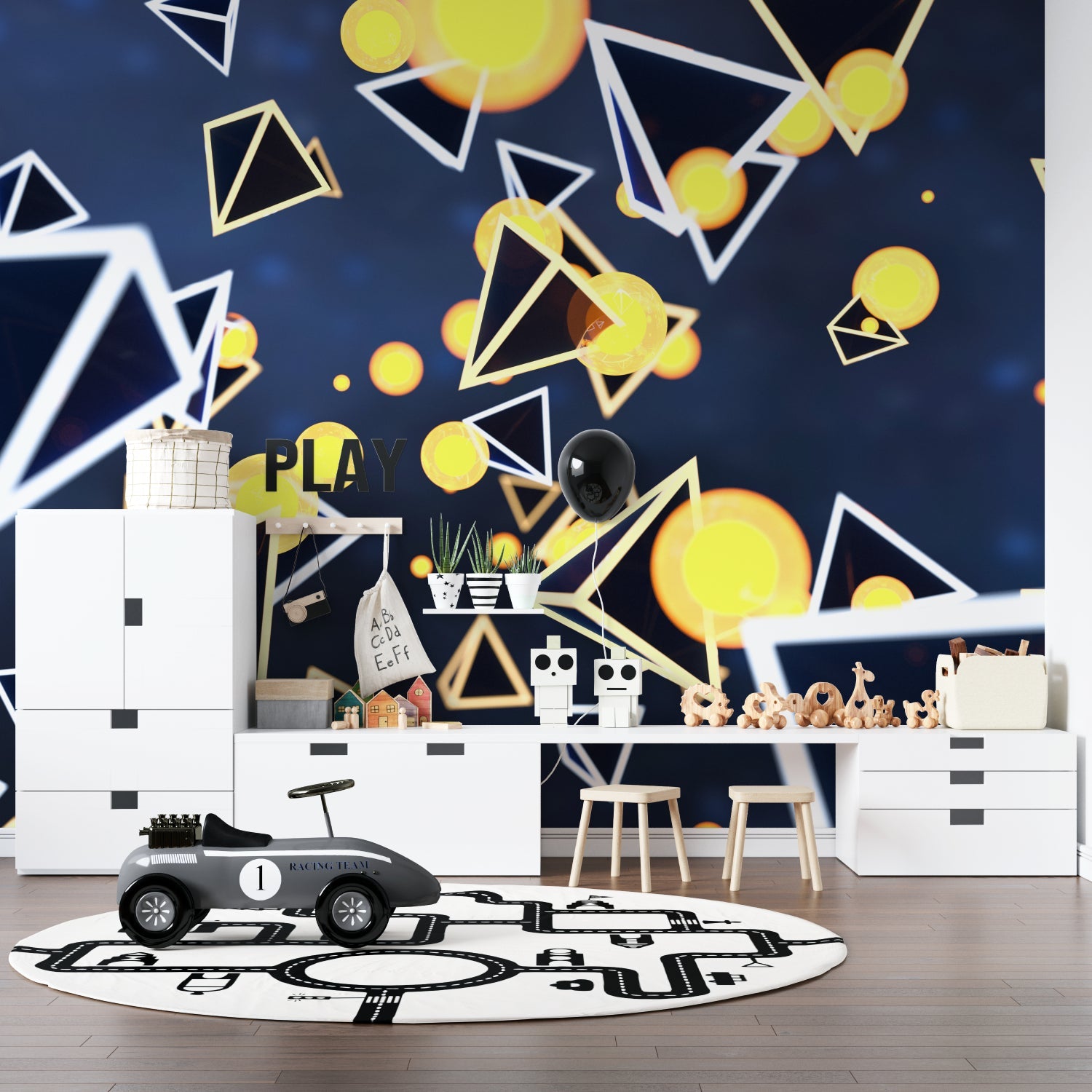 Abstract geometric pattern wallpaper adding style to a dining room