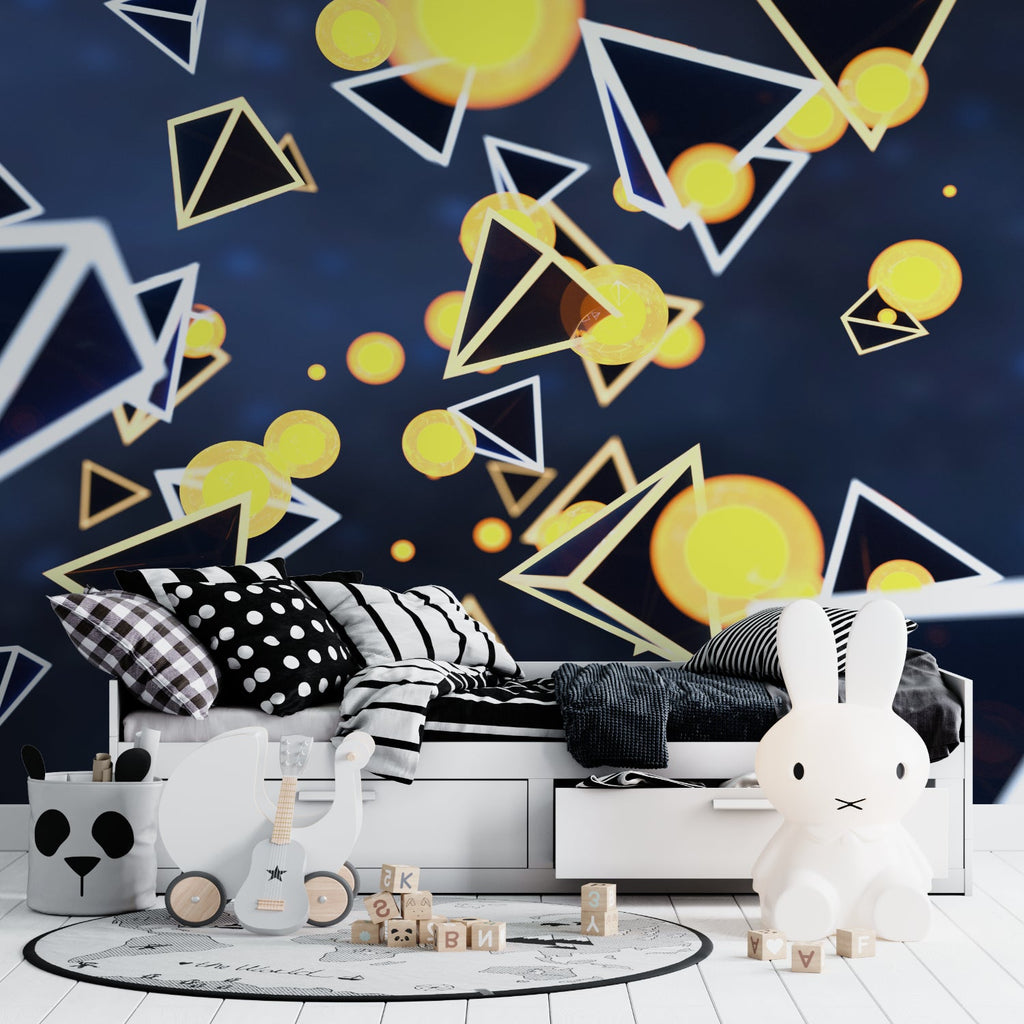 Modern blue and gold geometric wallpaper making a statement in a bedroom