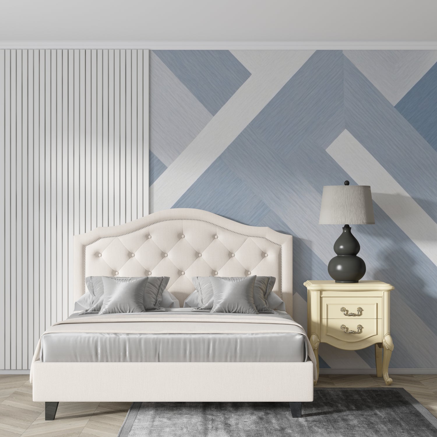 Contemporary geometric wallpaper creating depth in a modern dining room
