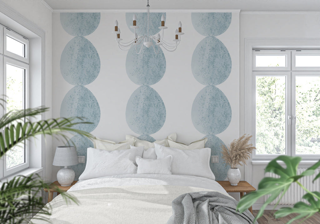 Geometric circle wallpaper creating depth in a minimal home office space