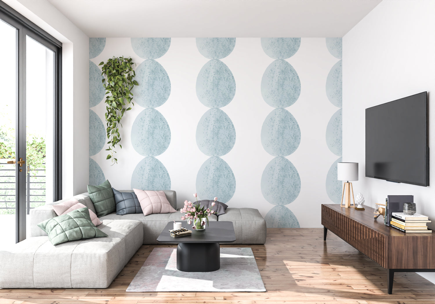 Geometric blue circle wall design in a contemporary bedroom setting