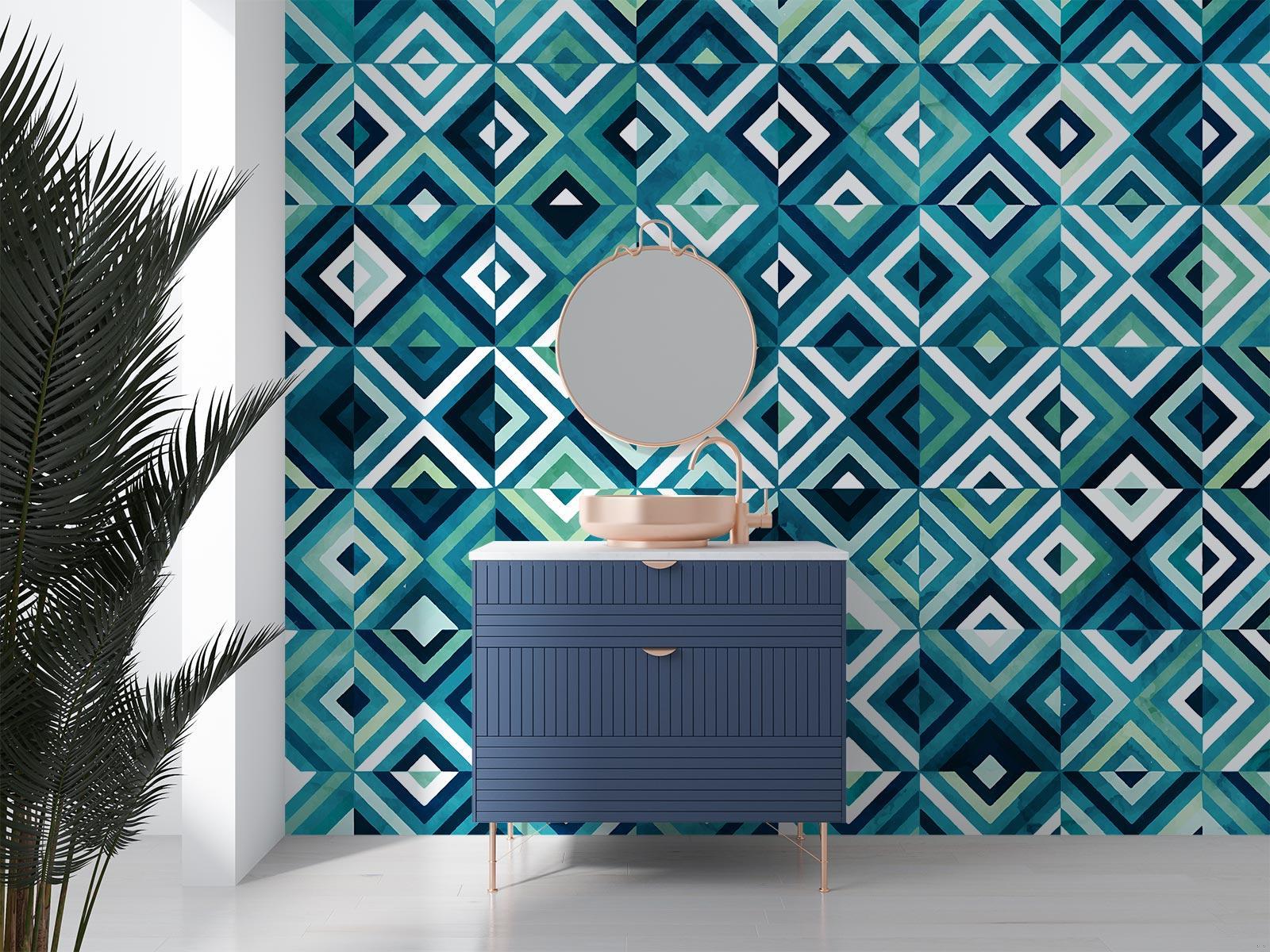 Modern blue geometric wallpaper adding depth to a minimalist living room with clean furniture lines
