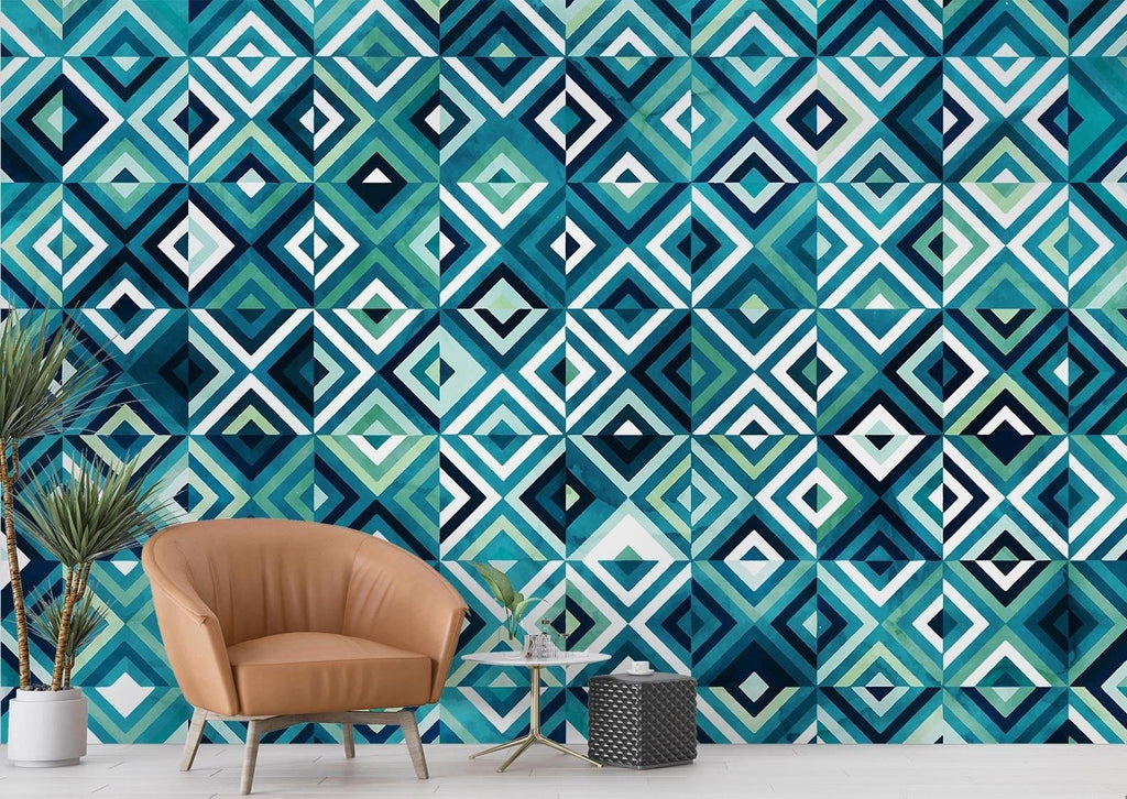Blue diamond pattern wallpaper creating visual interest in a contemporary home office space