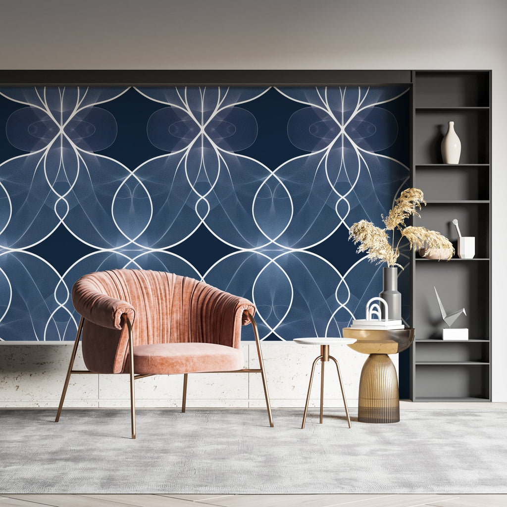 Geometric blue wallpaper adding depth to a modern bedroom wall