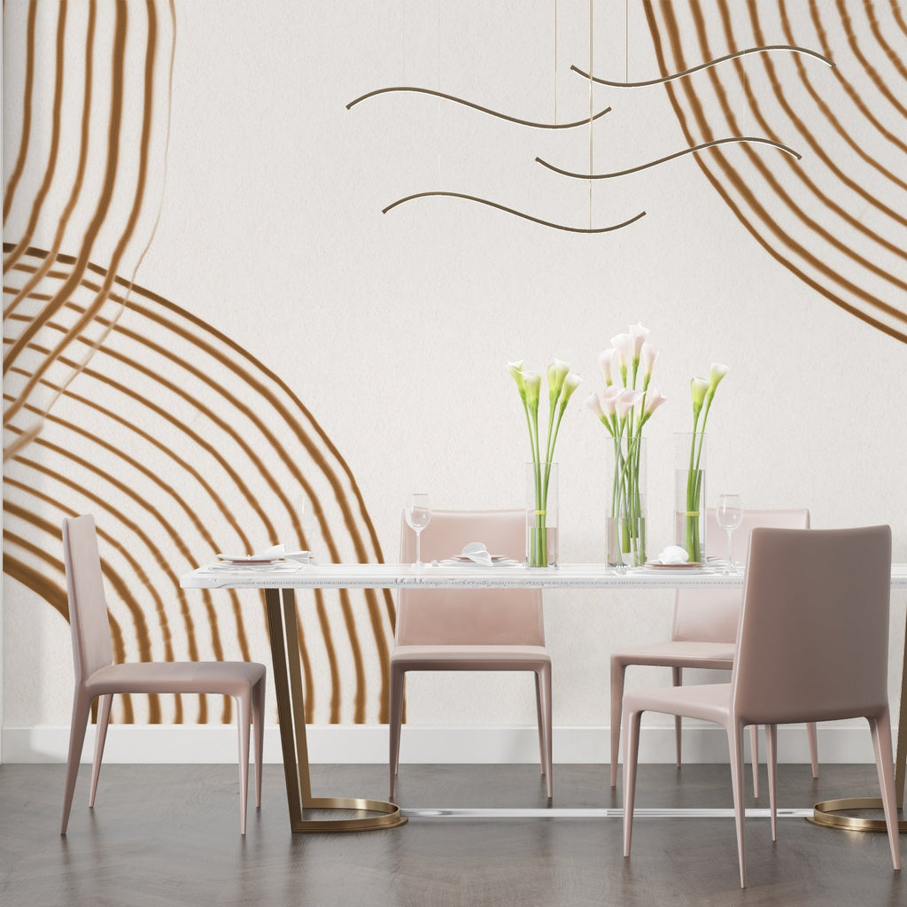 Modern geometric wallpaper with brown curved lines in a bright living room setting