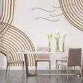 Modern geometric wallpaper with brown curved lines in a bright living room setting