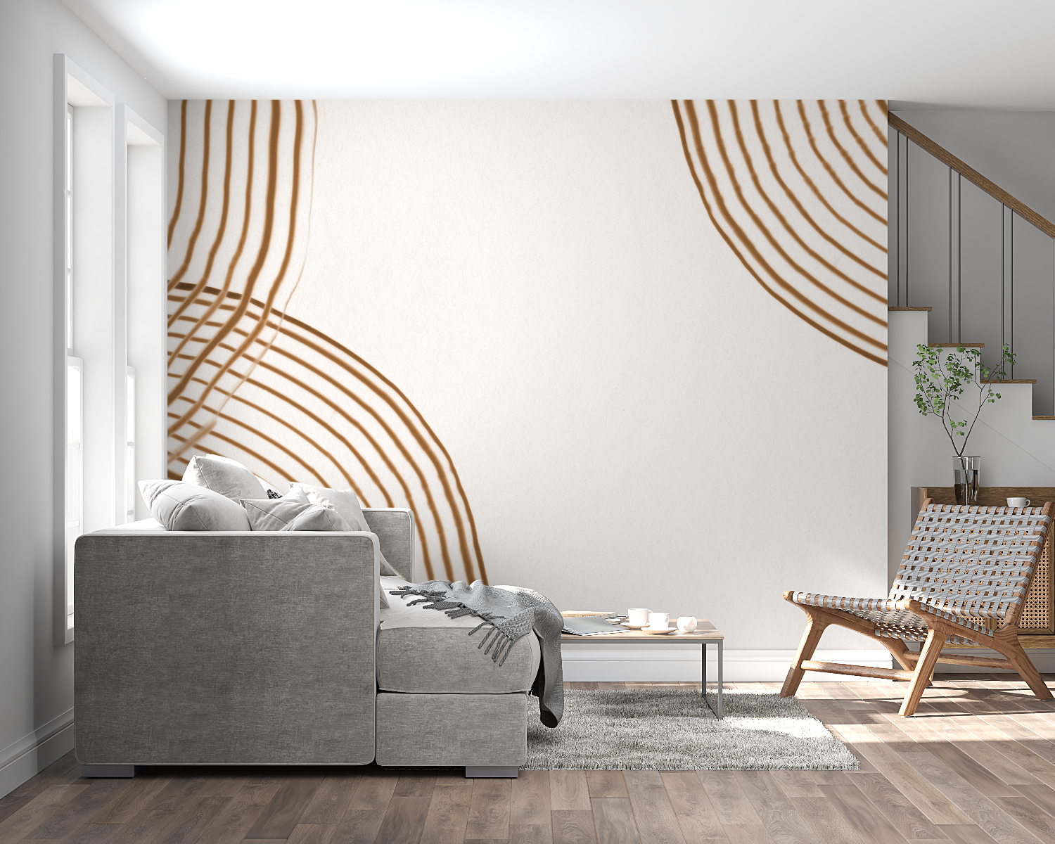 Modern brown curved wallpaper adding warmth to a bedroom space