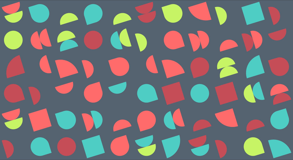 Geometric pattern design file showing vibrant coral, turquoise and lime shapes on charcoal background