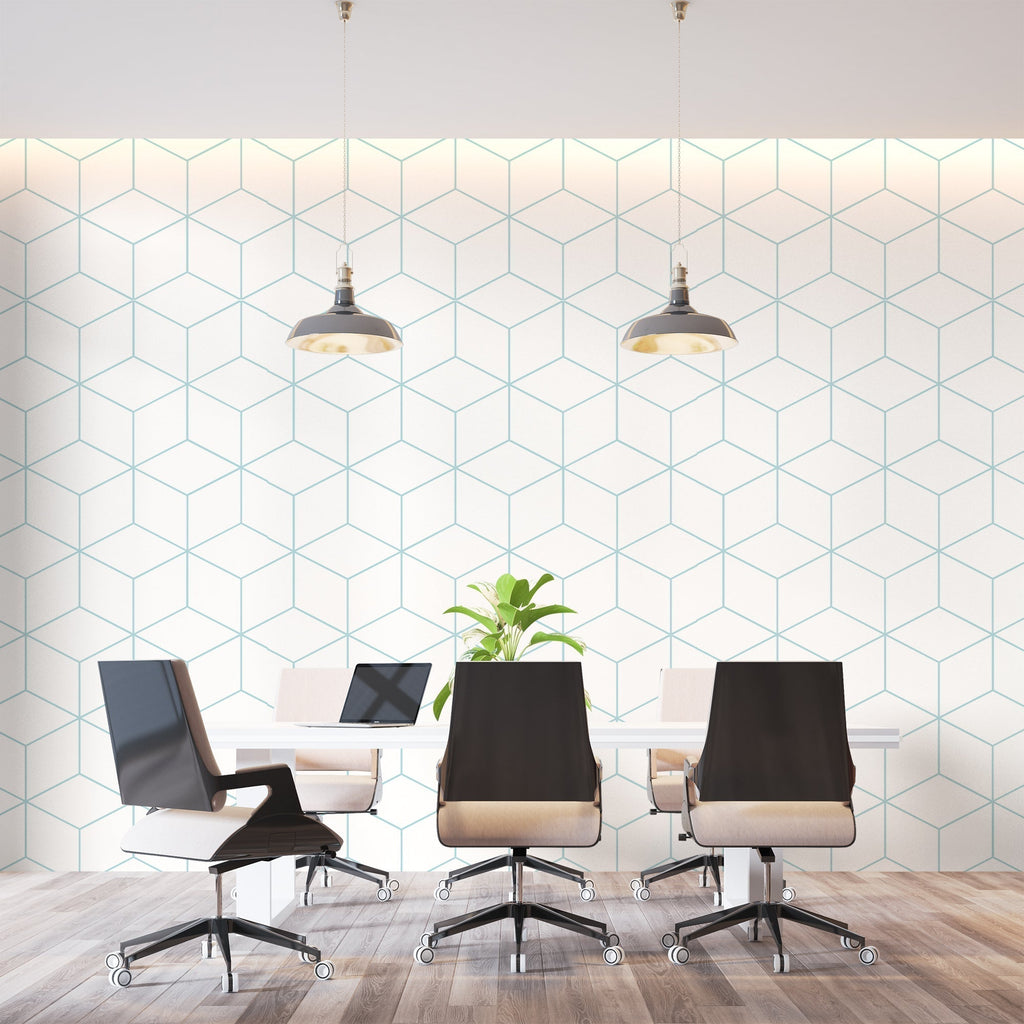 3D cube wallpaper pattern displayed in a modern bedroom, highlighting the blue geometric design